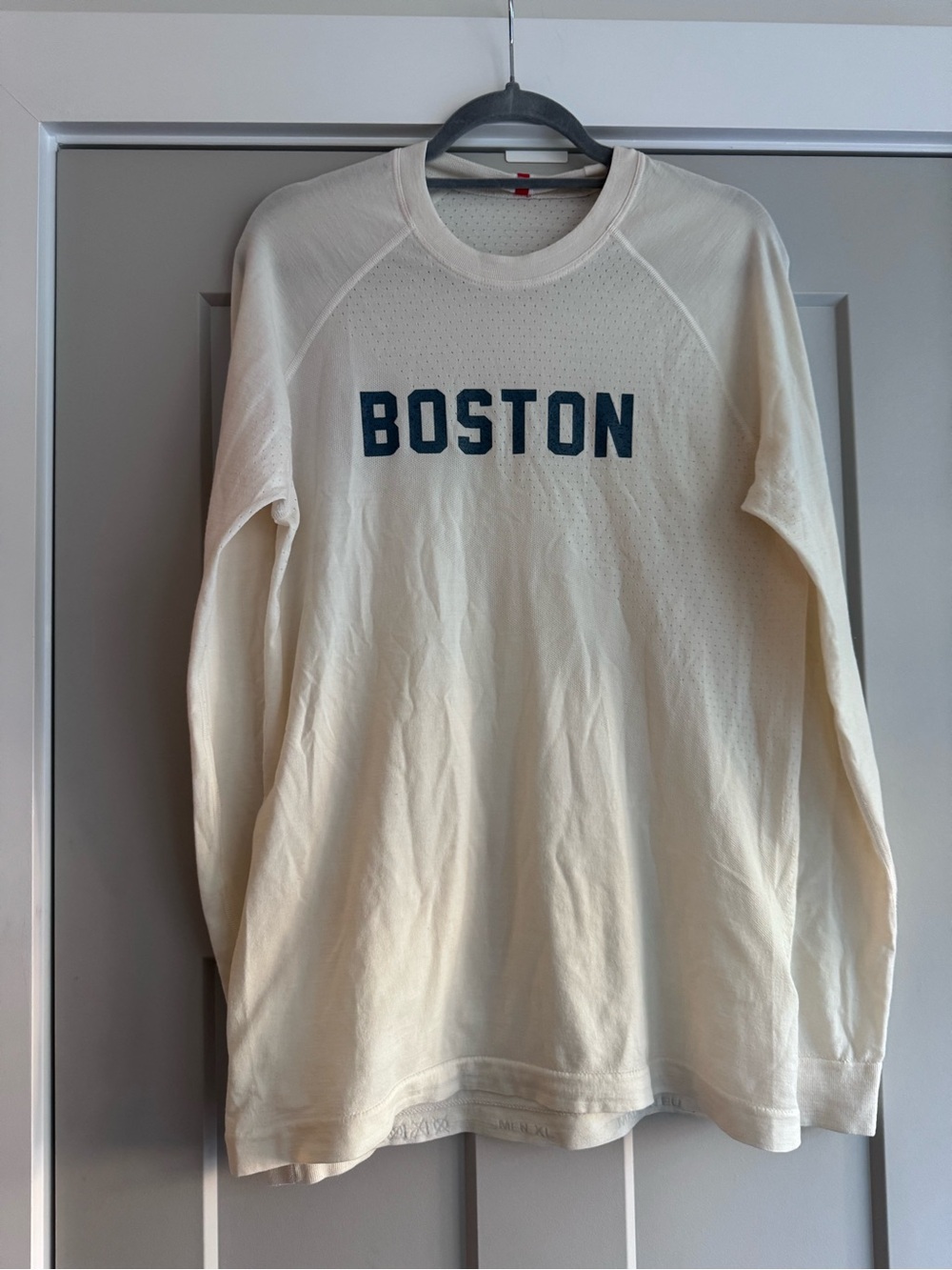 Tracksmith Cream Long Sleeve Shirt with Navy BOSTON Print